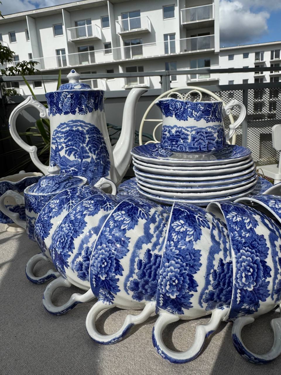 Angielski serwis do herbaty Woods Ware „English Scenery” Blue & White (Staffordshire)