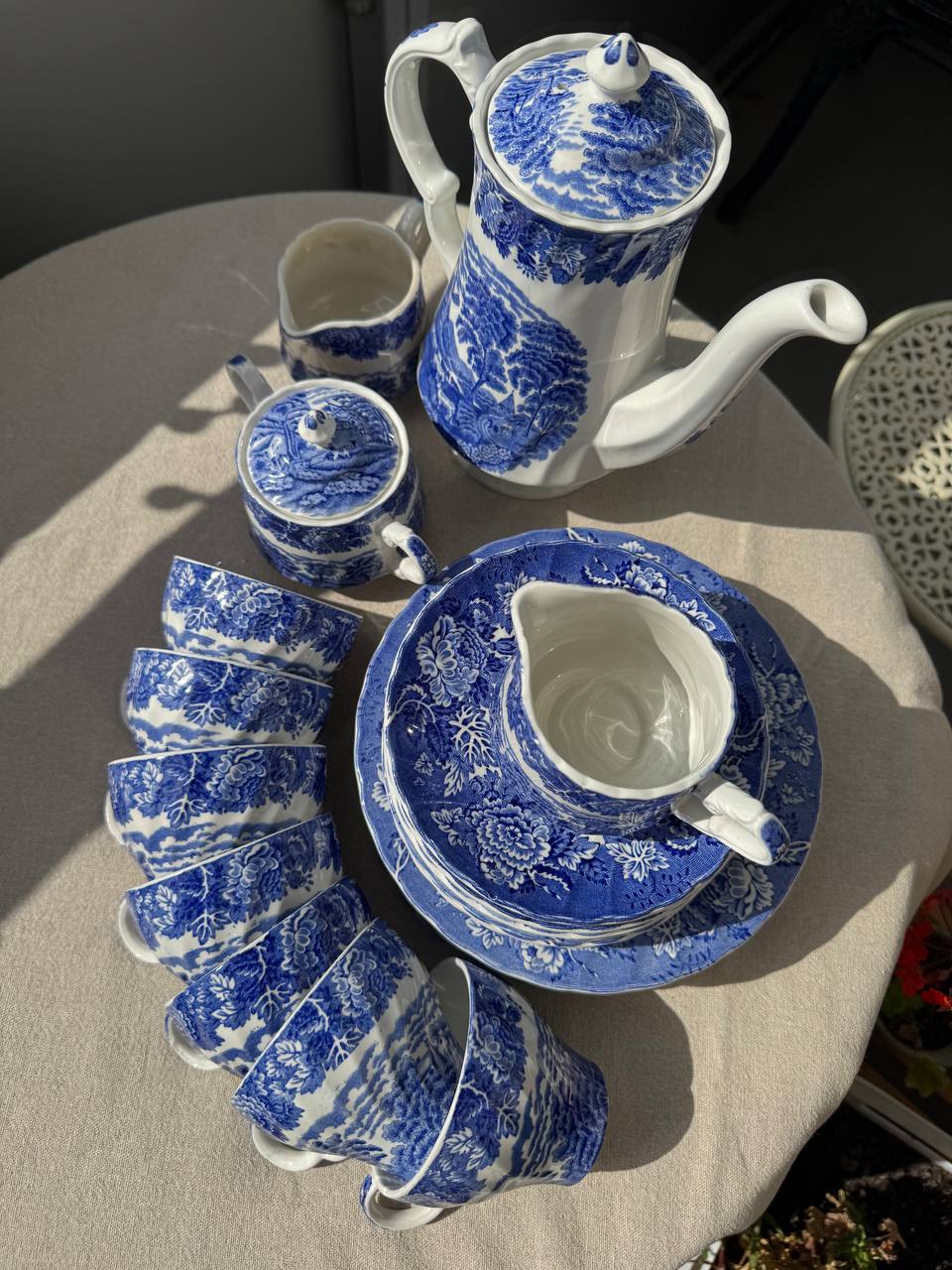Angielski serwis do herbaty Woods Ware „English Scenery” Blue & White (Staffordshire)