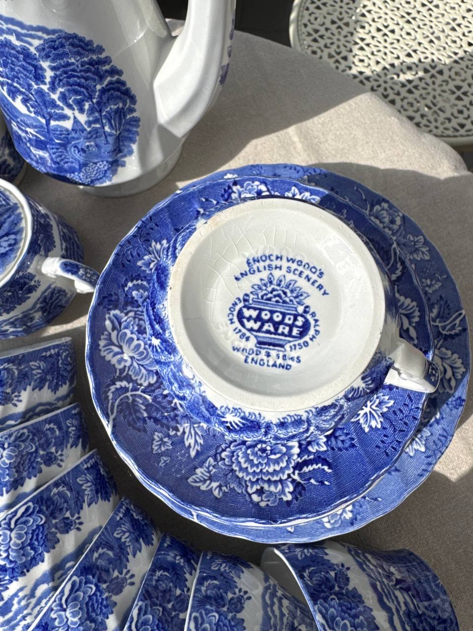 Angielski serwis do herbaty Woods Ware „English Scenery” Blue & White (Staffordshire)